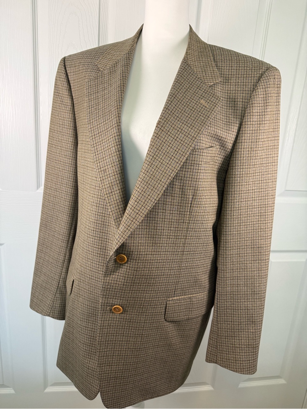 Preppy Trussini 42R Made in Italy Silk Blend Beige Blue Plaid Blazer Y2K Sport